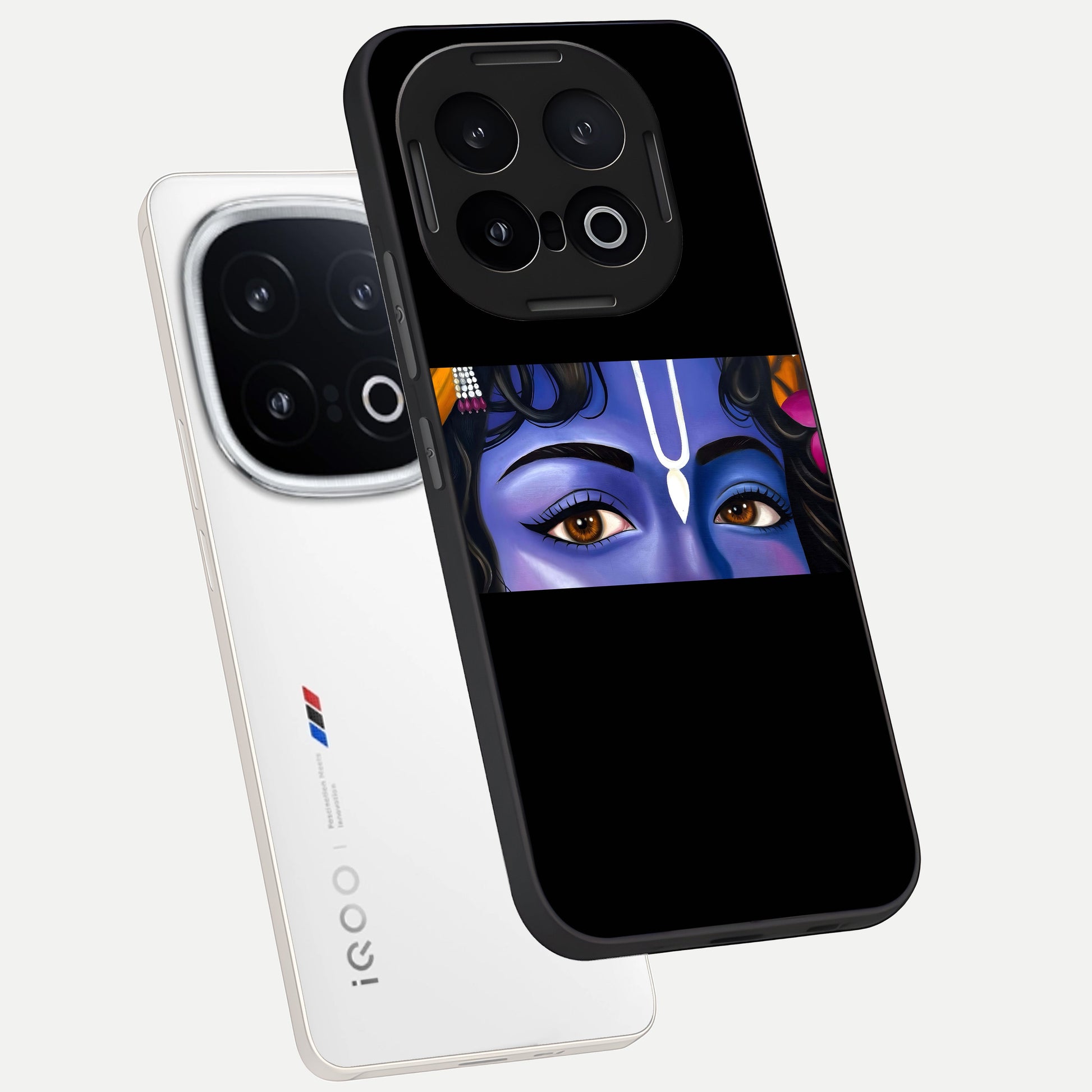  Krishna Eye phone case for iQOO 13 showing premium glass back cover with detailed artwork