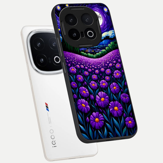 Lavender Moon Field phone case for iQOO 13 showing premium glass back cover with detailed artwork