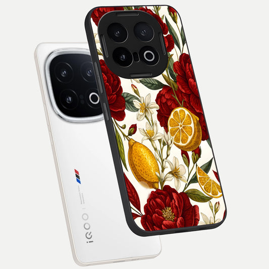  Lemon Rose Charm phone case for iQOO 13 showing premium glass back cover with detailed artwork