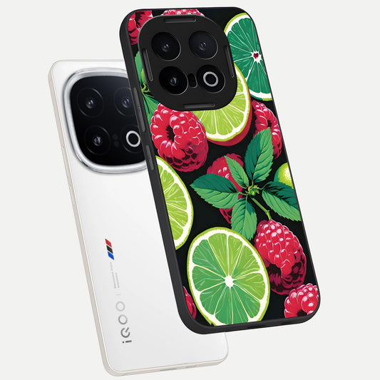  Lime and Raspberry Pattern phone case for iQOO 13 showing premium glass back cover with detailed artwork