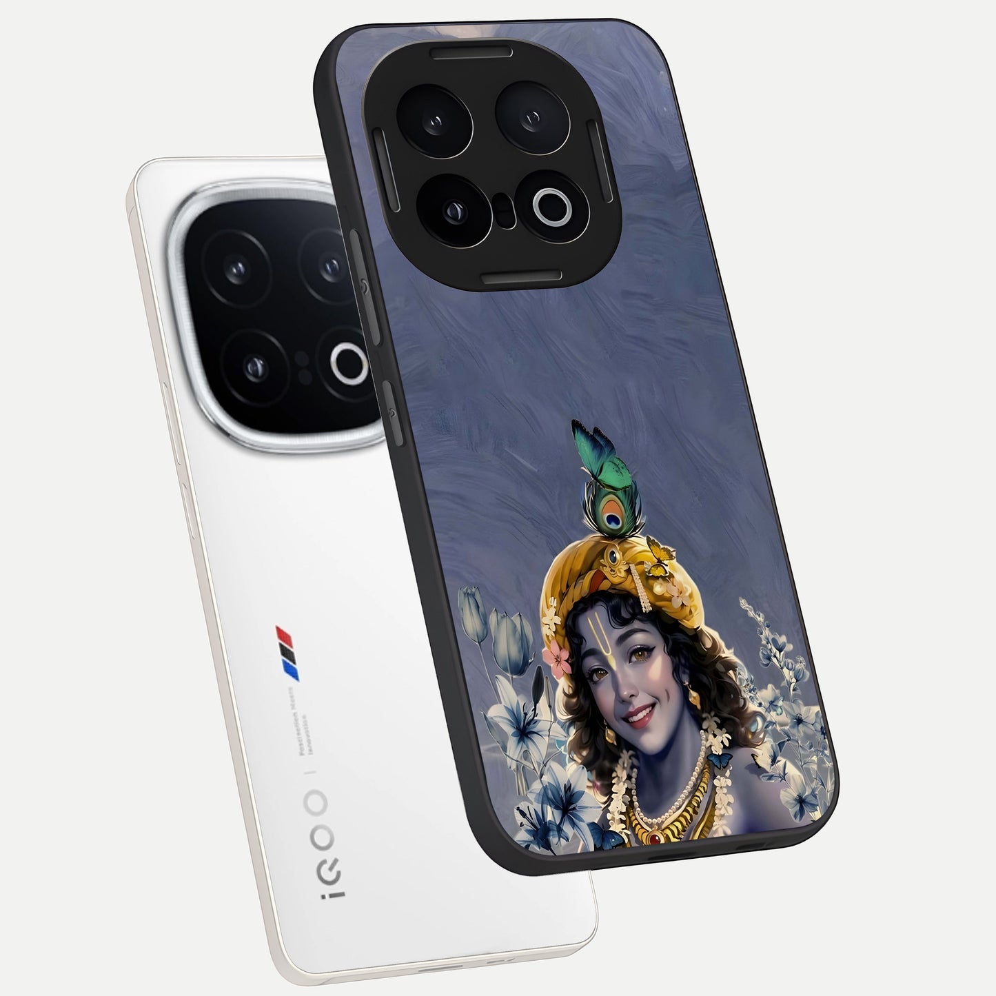  Lord Krishna phone case for iQOO 13 showing premium glass back cover with detailed artwork