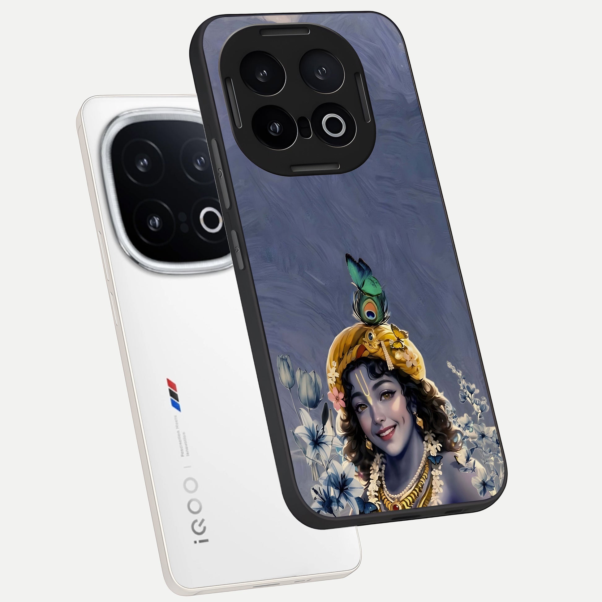  Lord Krishna phone case for iQOO 13 showing premium glass back cover with detailed artwork