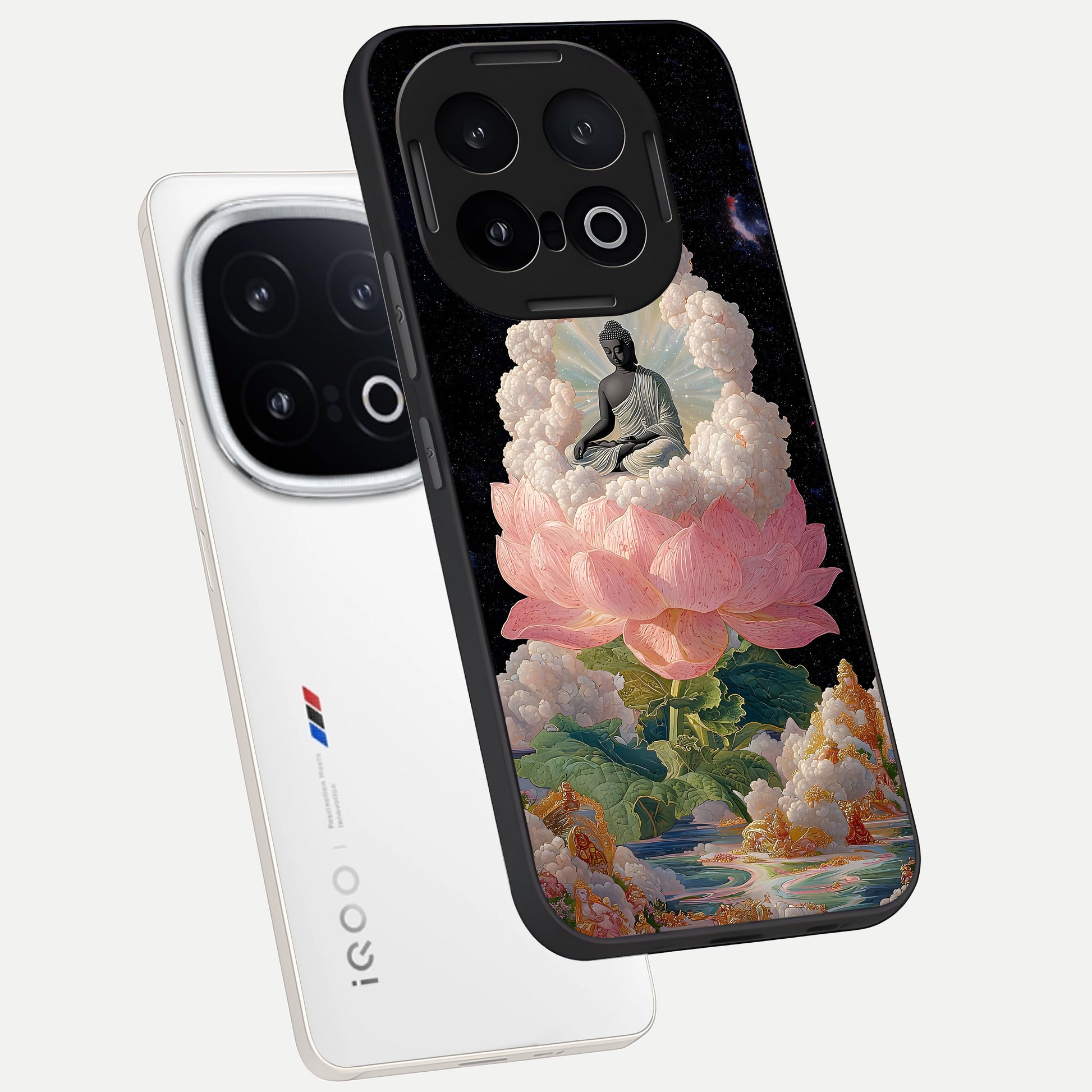  Lotus Divine Peace phone case for iQOO 13 showing premium glass back cover with detailed artwork