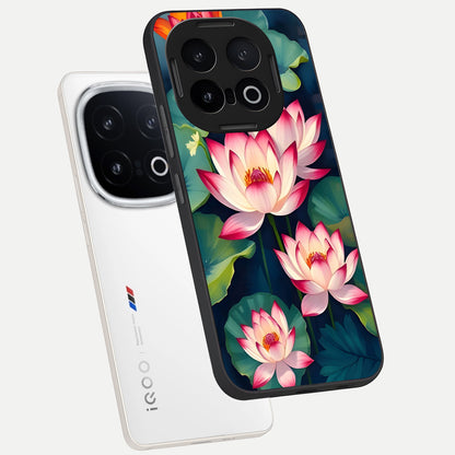  Lotus Dream Serenity phone case for iQOO 13 showing premium glass back cover with detailed artwork