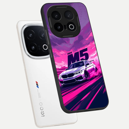 MS Neon Car phone case for iQOO 13 showing premium glass back cover with detailed artwork