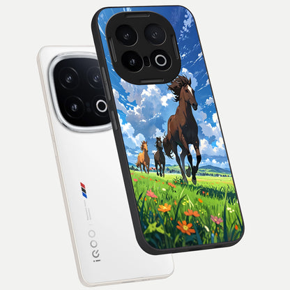  Majestic Horses Galloping phone case for iQOO 13 showing premium glass back cover with detailed artwork