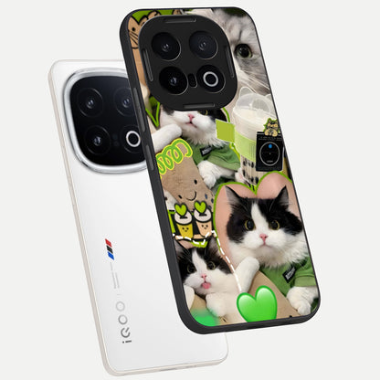  Matcha Cats Mood phone case for iQOO 13 showing premium glass back cover with detailed artwork