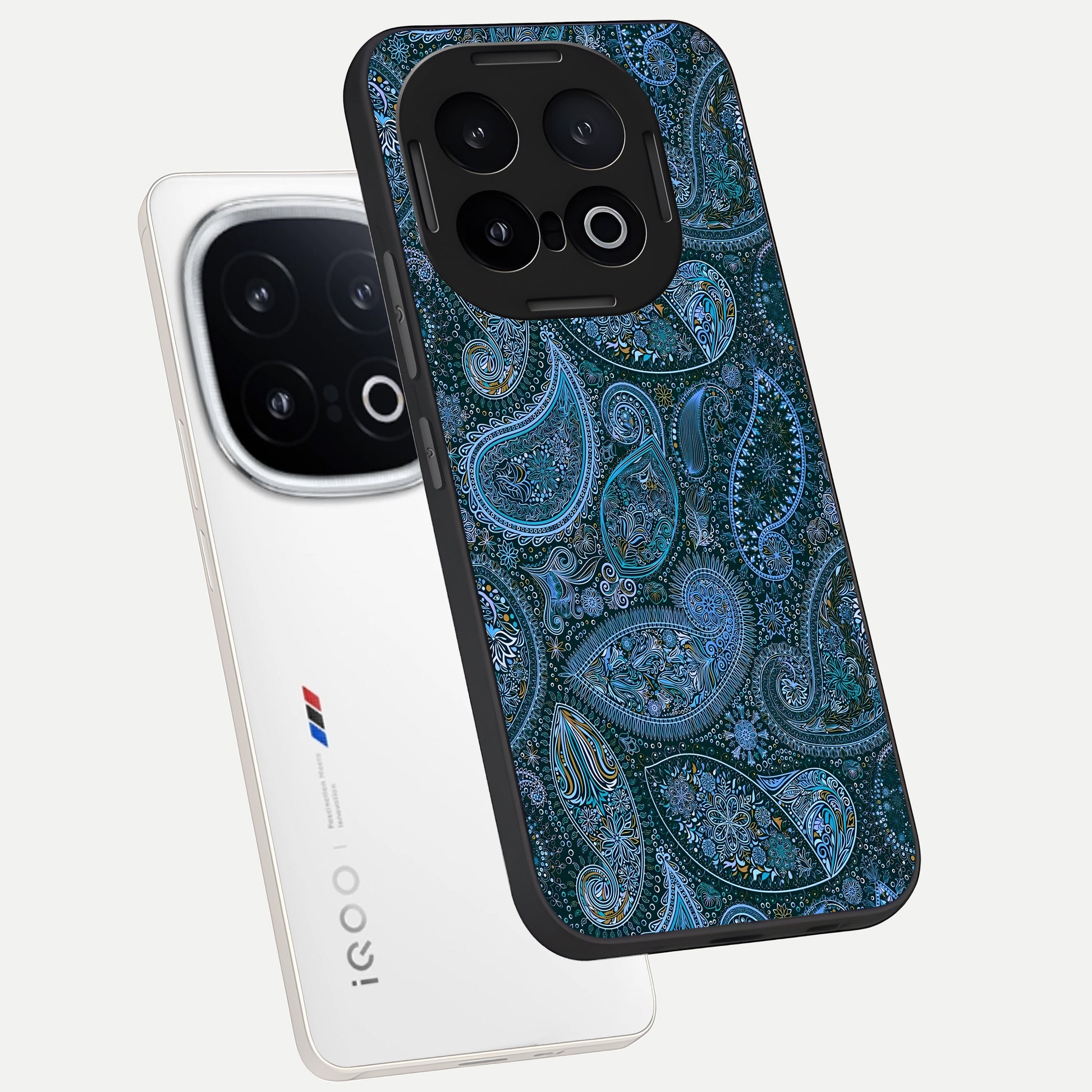  Midnight Paisley Glow phone case for iQOO 13 showing premium glass back cover with detailed artwork