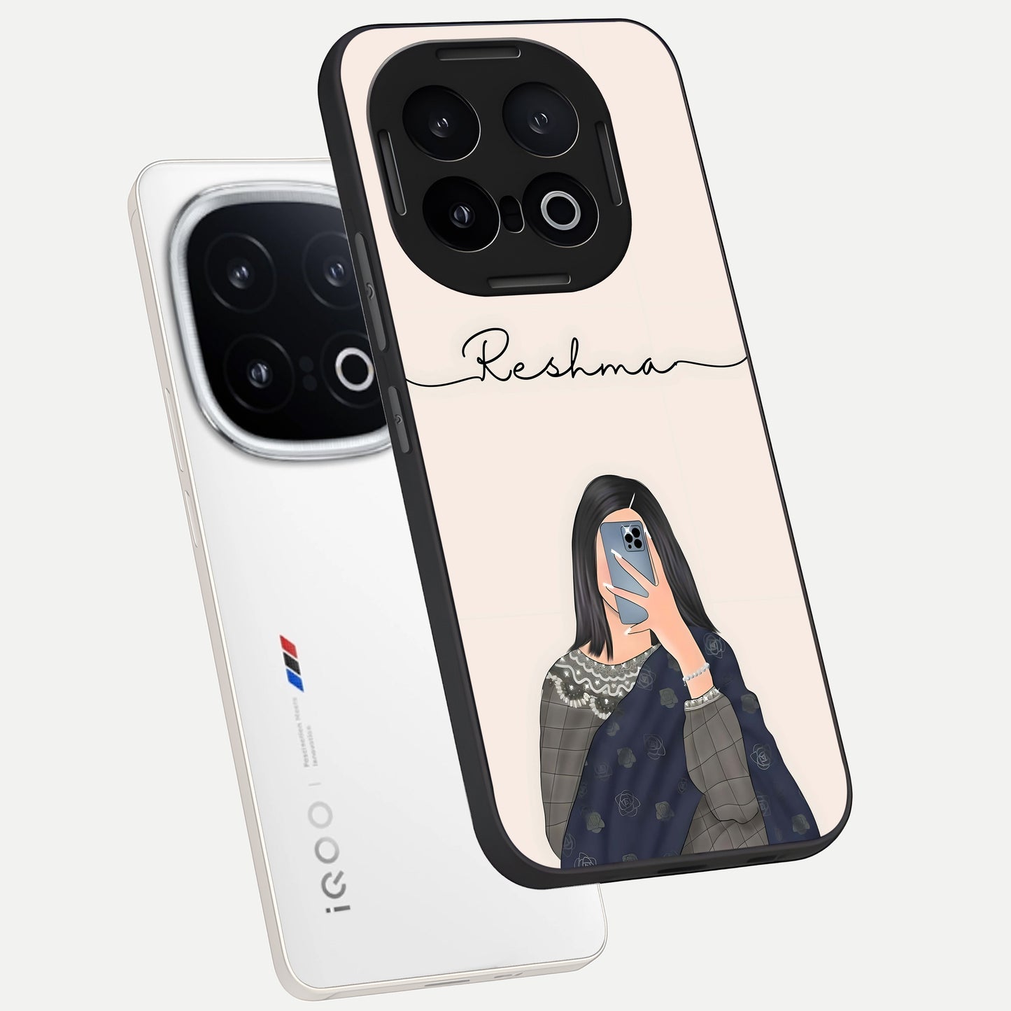  Mirror Mood Muse With Custom Name phone case for iQOO 13 showing premium glass back cover with detailed artwork