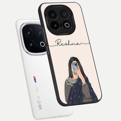  Mirror Mood Muse With Custom Name phone case for iQOO 13 showing premium glass back cover with detailed artwork