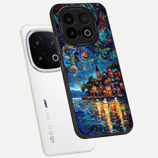  Moonlight Harbor Glow phone case for iQOO 13 showing premium glass back cover with detailed artwork