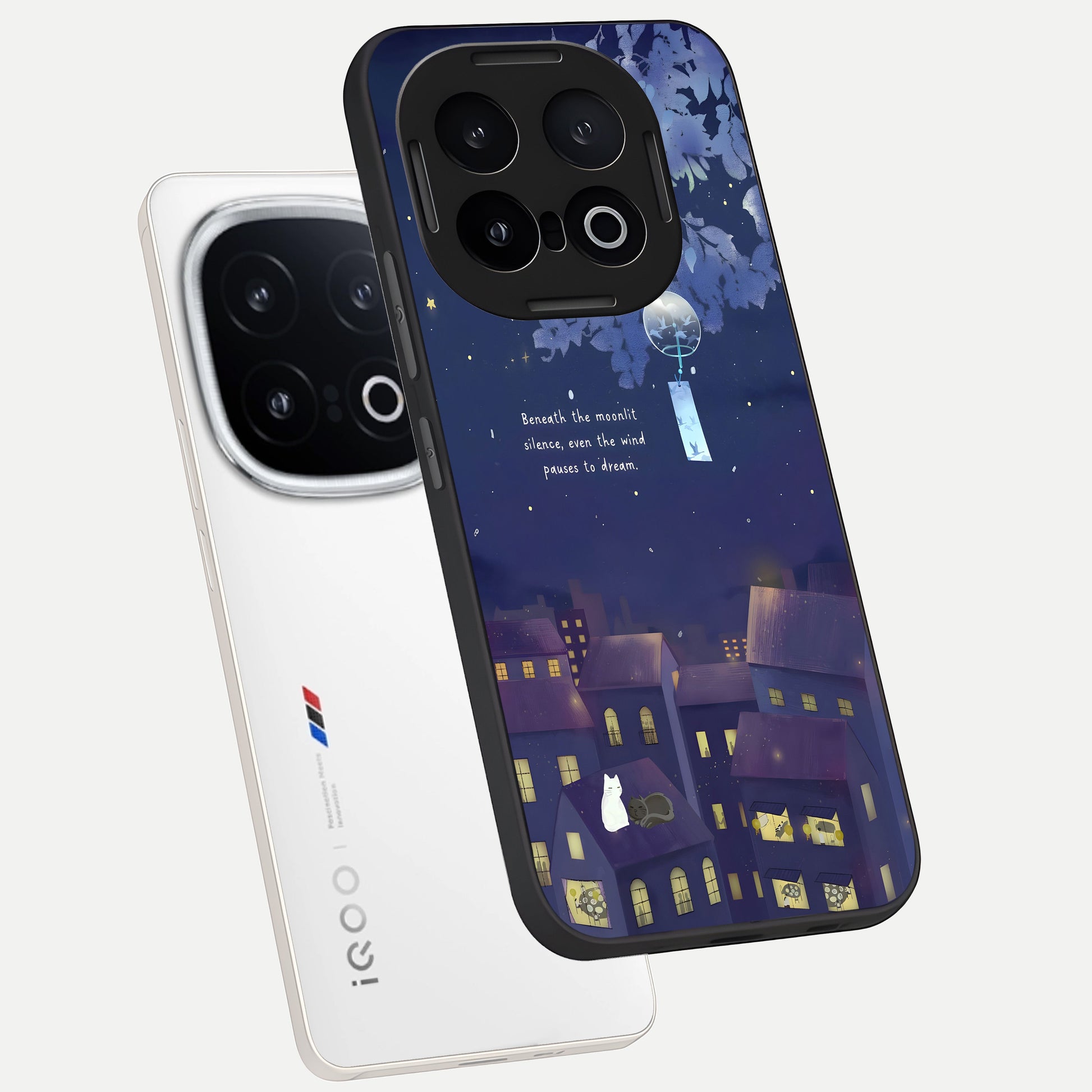  Moonlit Cat Silence phone case for iQOO 13 showing premium glass back cover with detailed artwork