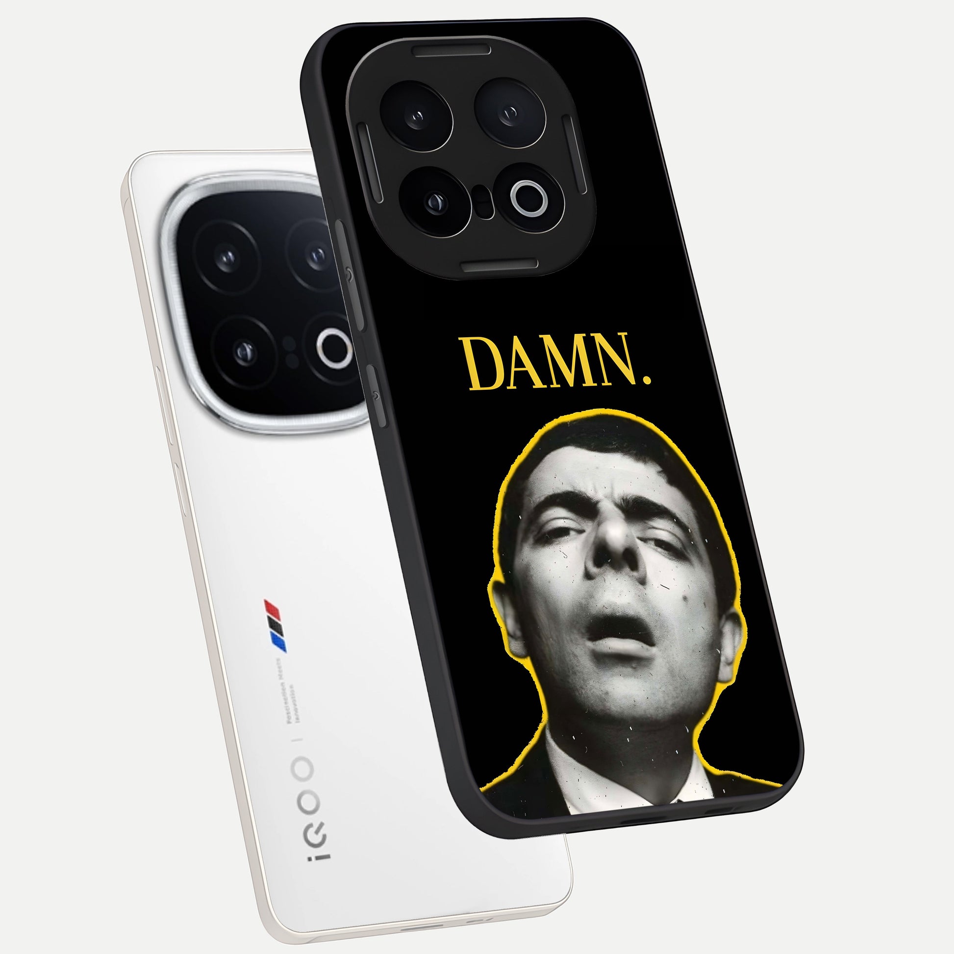 Mr Bean Damn phone case for iQOO 13 showing premium glass back cover with detailed artwork