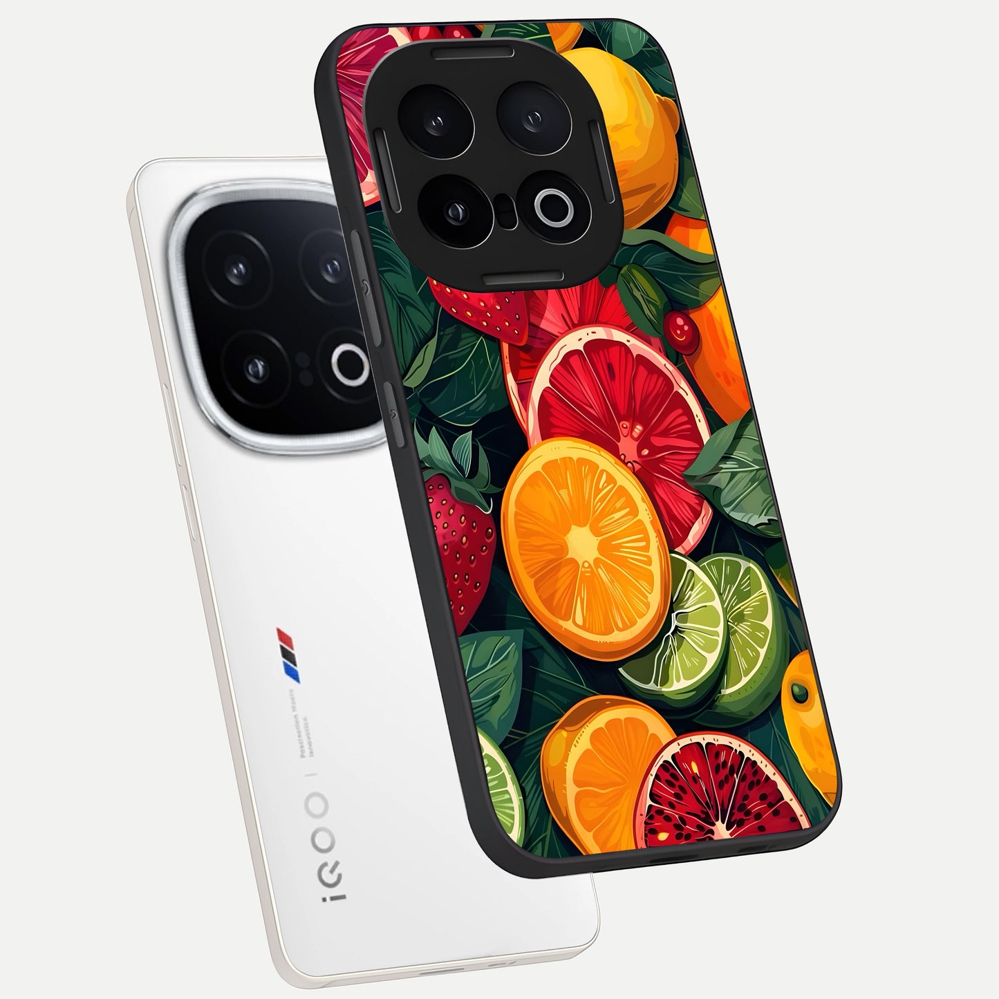  Multiple Fruits phone case for iQOO 13 showing premium glass back cover with detailed artwork