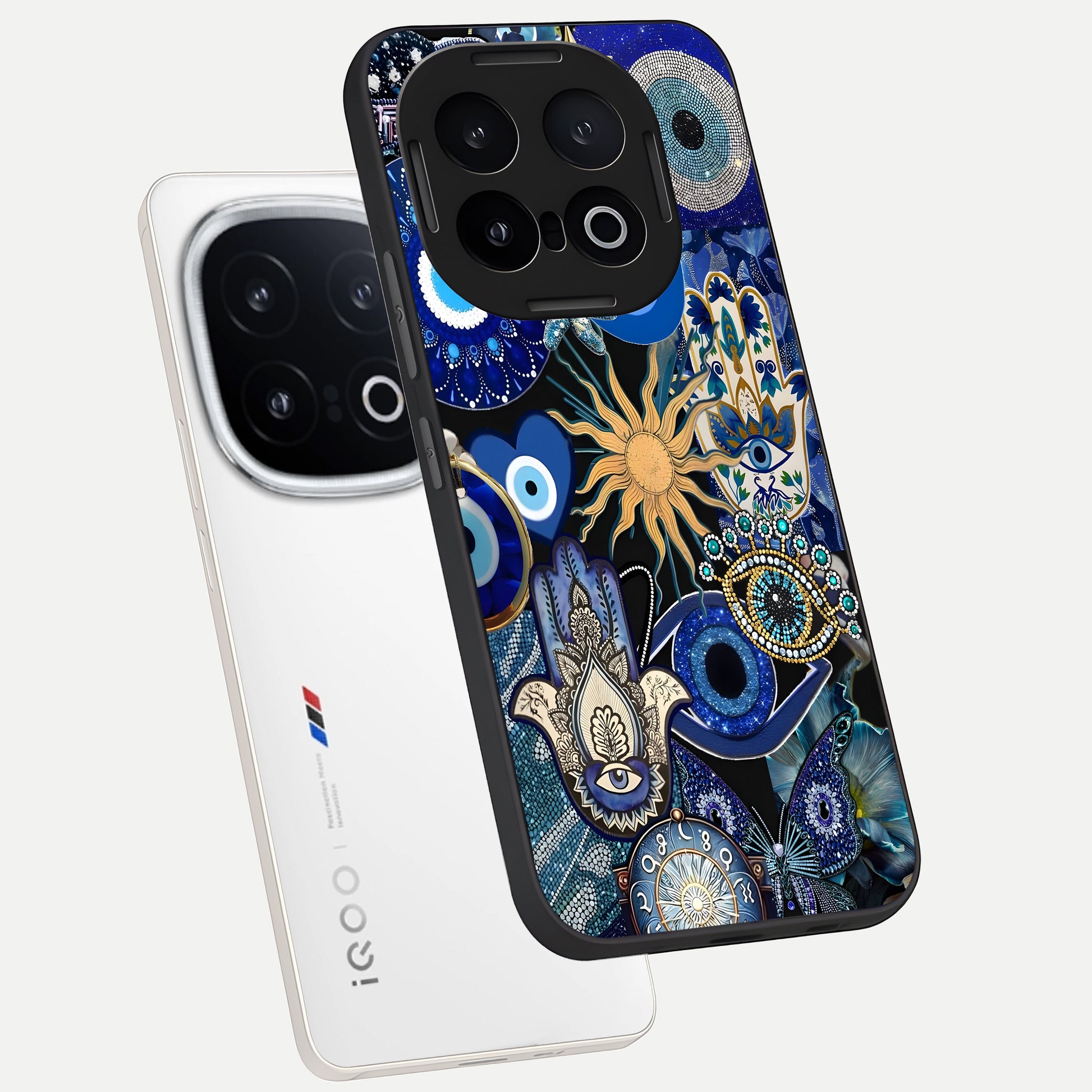  Mystic Blue Evil Eye phone case for iQOO 13 showing premium glass back cover with detailed artwork