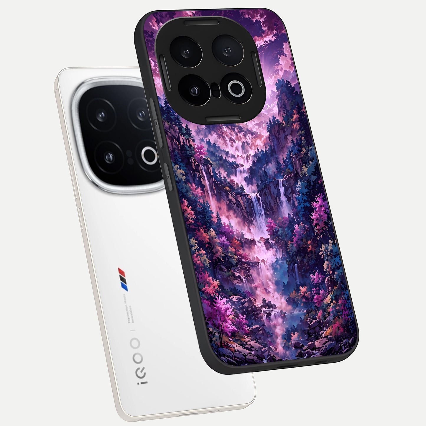  Mystic Cascade Peaks phone case for iQOO 13 showing premium glass back cover with detailed artwork
