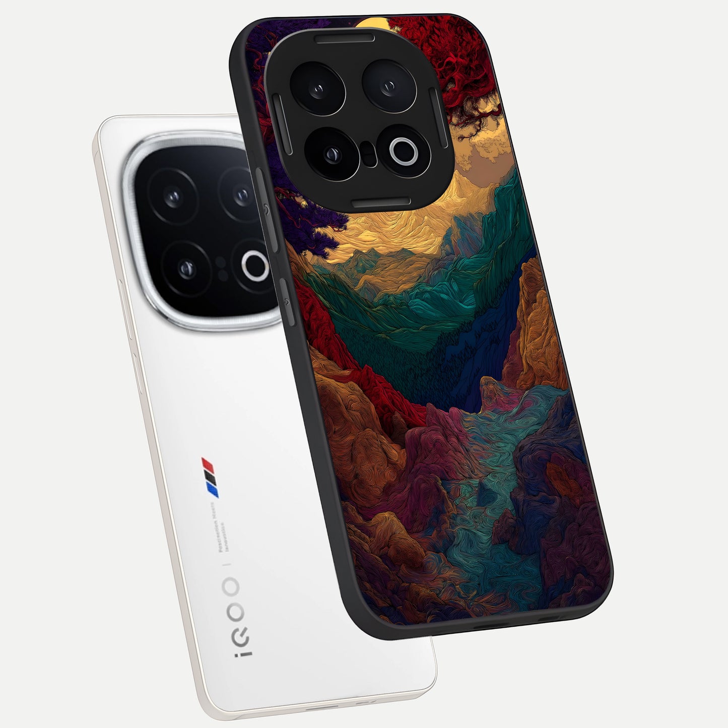 Mystic Valley Light phone case for iQOO 13 showing premium glass back cover with detailed artwork