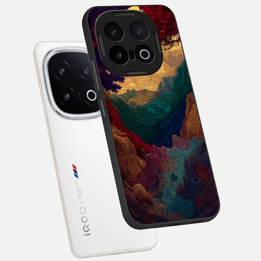  Mystic Valley Light phone case for iQOO 13 showing premium glass back cover with detailed artwork