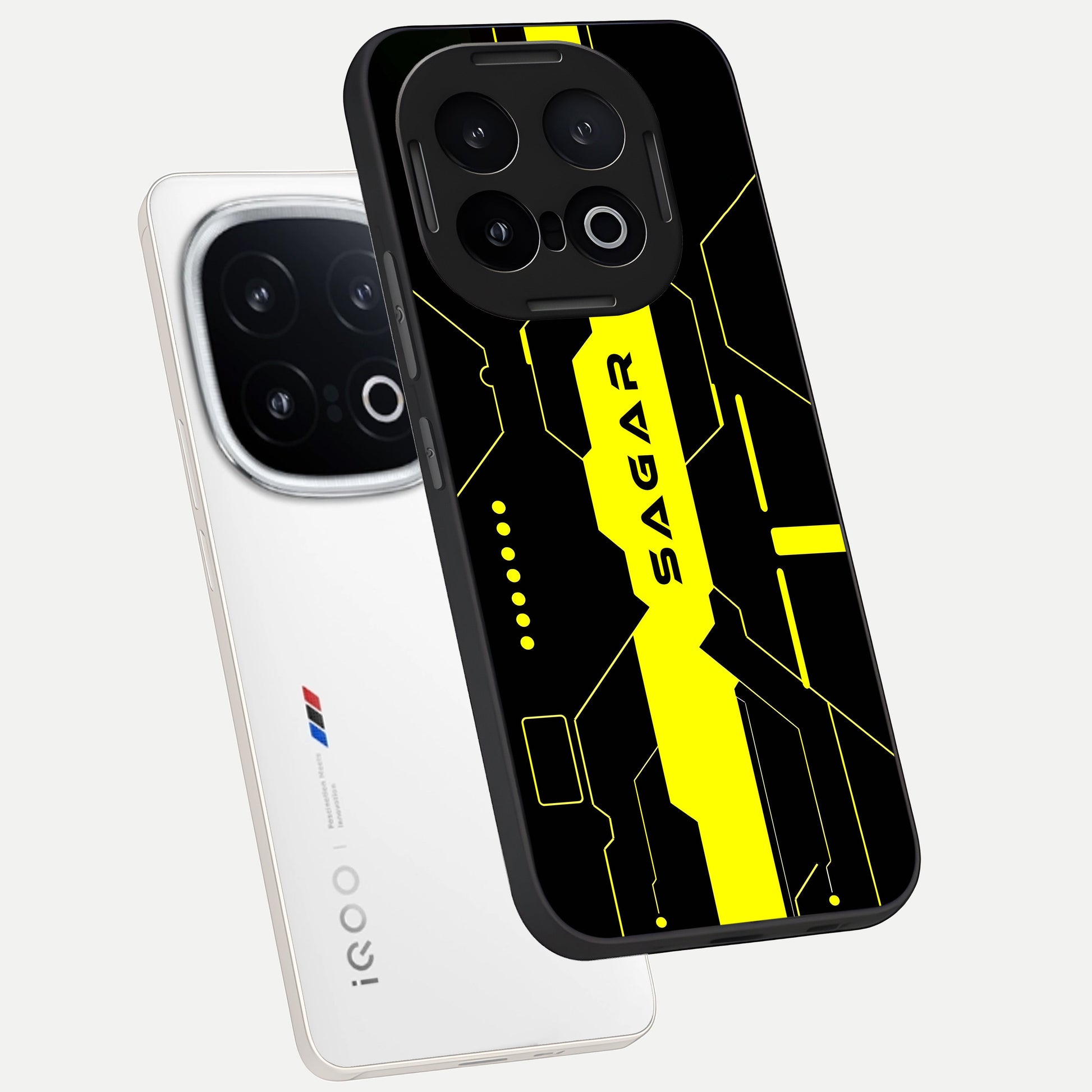  Neon CYBERPUNK Custom Name phone case for iQOO 13 showing premium glass back cover with detailed artwork