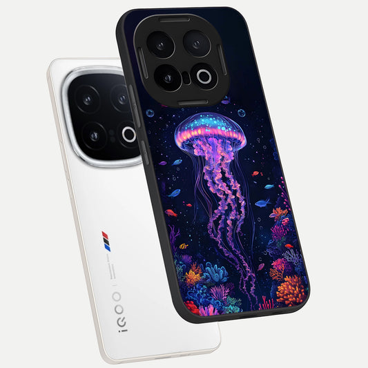  Neon Jellyfish phone case for iQOO 13 showing premium glass back cover with detailed artwork