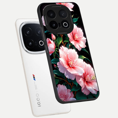  Peach Flower phone case for iQOO 13 showing premium glass back cover with detailed artwork