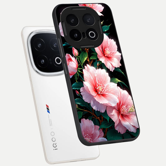  Peach Flower phone case for iQOO 13 showing premium glass back cover with detailed artwork