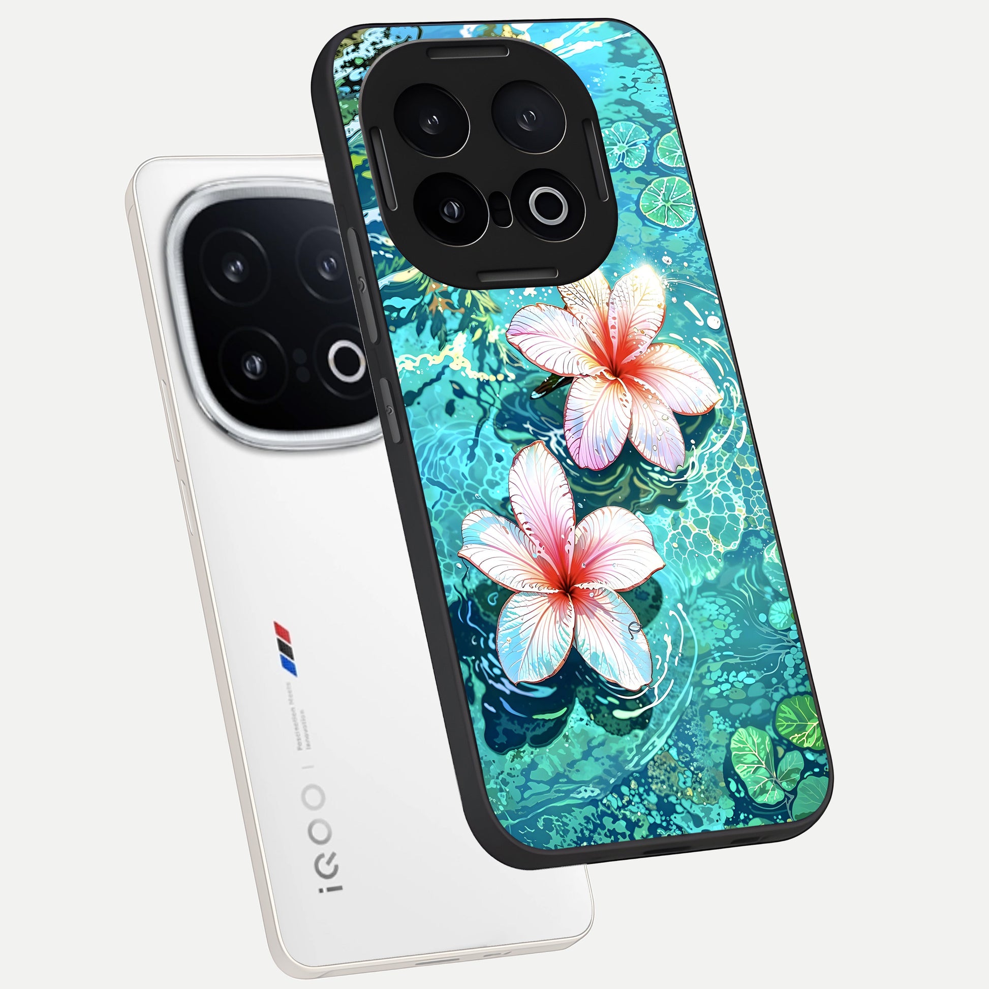  Pink Flowers in Water phone case for iQOO 13 showing premium glass back cover with detailed artwork