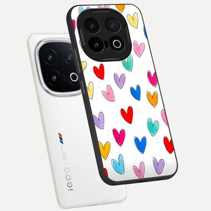  Playful Love Doodles phone case for iQOO 13 showing premium glass back cover with detailed artwork
