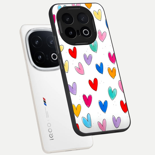  Playful Love Doodles phone case for iQOO 13 showing premium glass back cover with detailed artwork