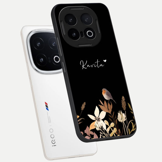  Quiet Garden Tune Custom Name phone case for iQOO 13 showing premium glass back cover with detailed artwork