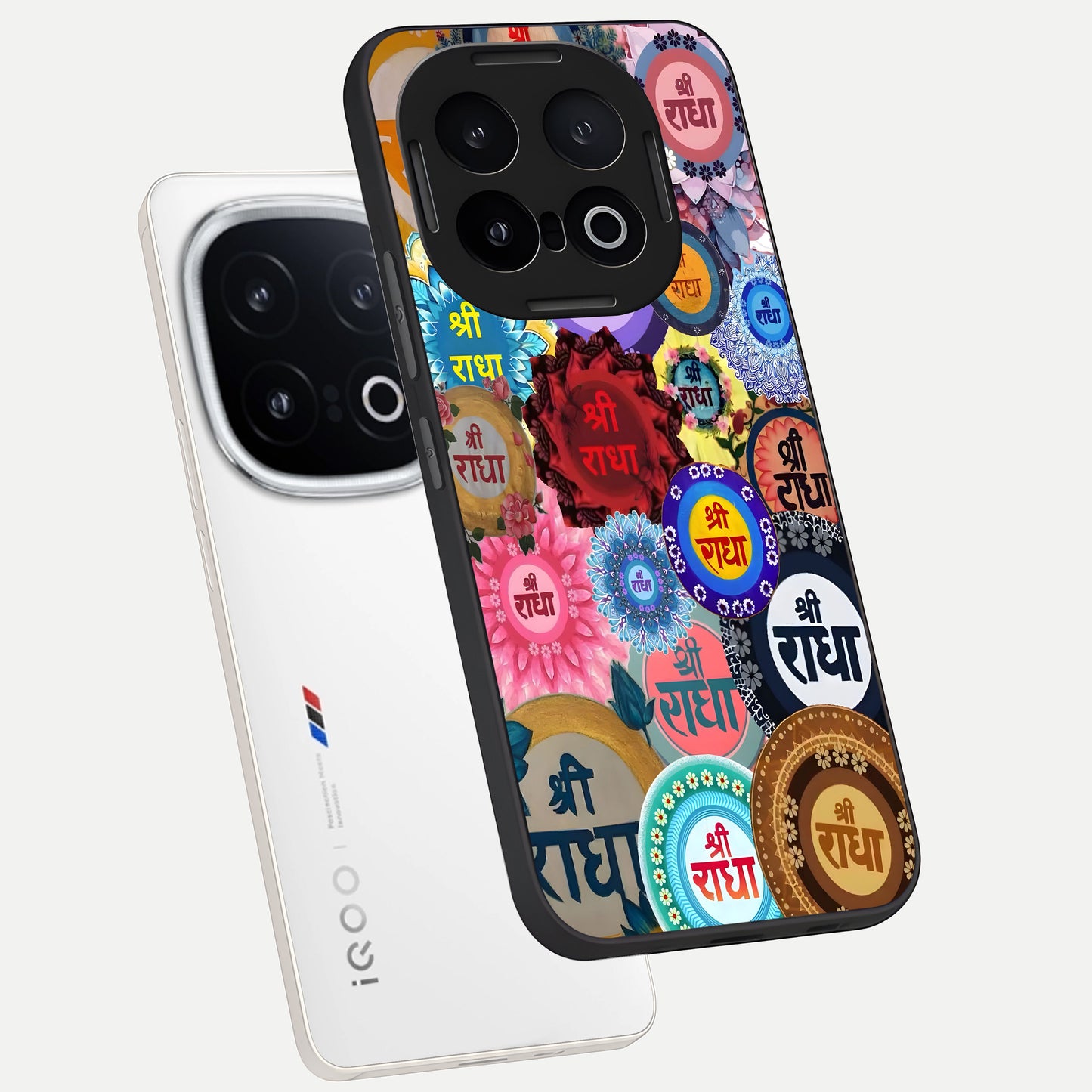  Radha Divine Bloom phone case for iQOO 13 showing premium glass back cover with detailed artwork