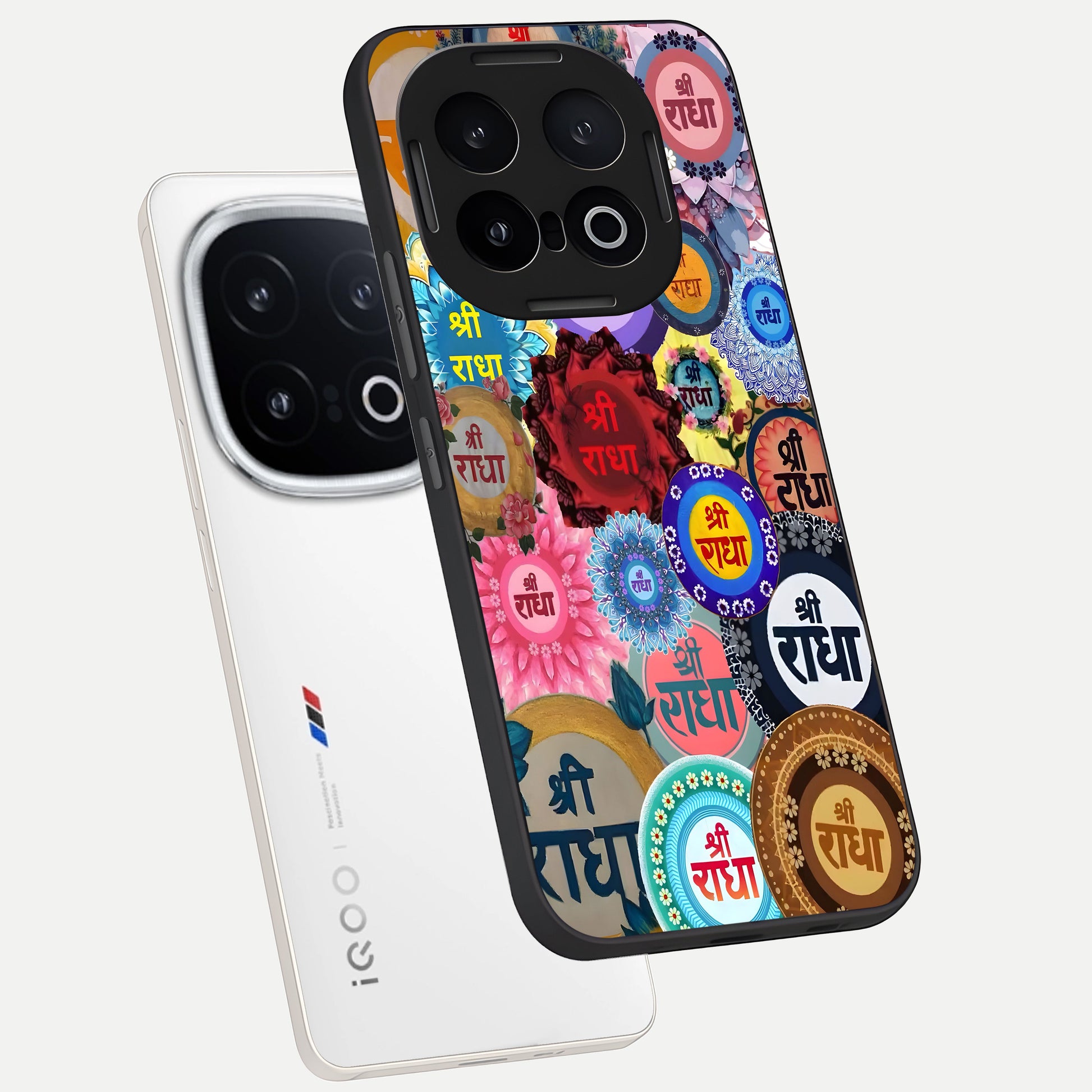  Radha Divine Bloom phone case for iQOO 13 showing premium glass back cover with detailed artwork
