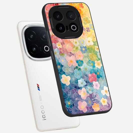  Rainbow Blossom Burst phone case for iQOO 13 showing premium glass back cover with detailed artwork