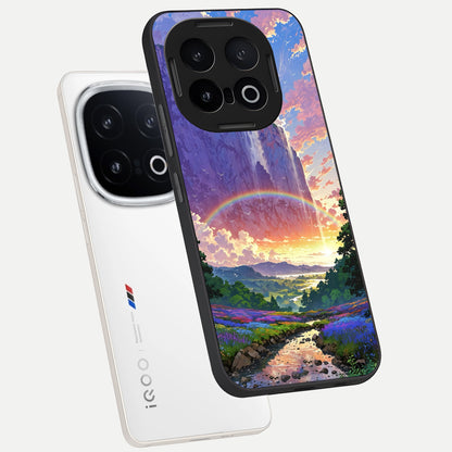  Rainbow Valley Dream phone case for iQOO 13 showing premium glass back cover with detailed artwork
