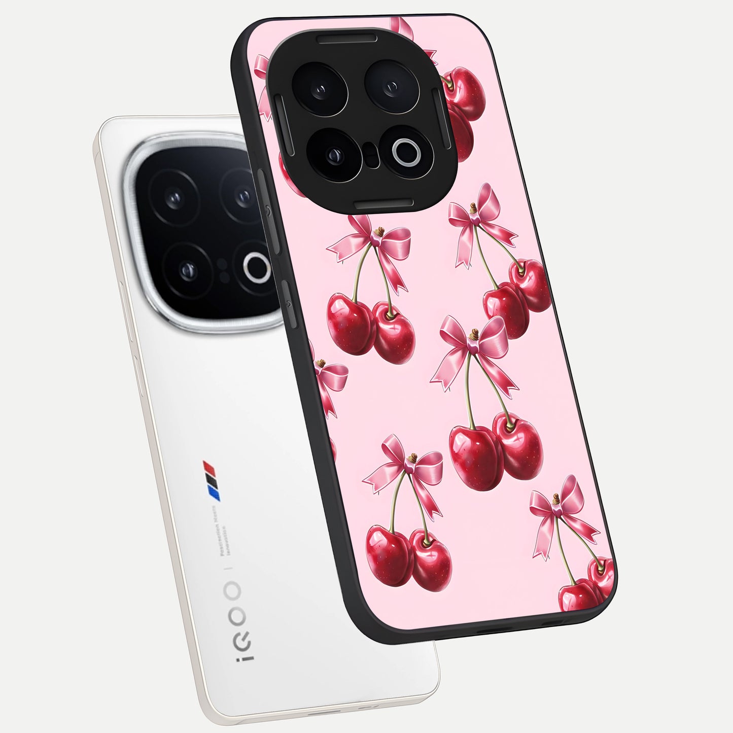  Red Cherries Pattern phone case for iQOO 13 showing premium glass back cover with detailed artwork