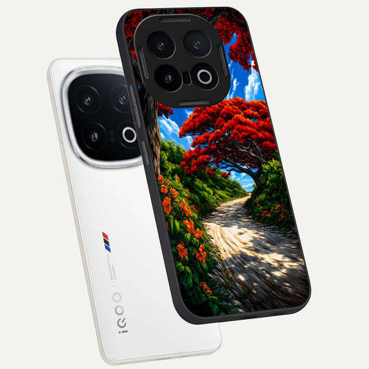  Red Trees Pathway phone case for iQOO 13 showing premium glass back cover with detailed artwork