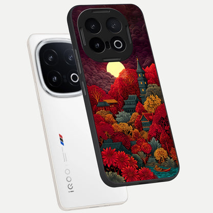  Scarlet Autumn Temple phone case for iQOO 13 showing premium glass back cover with detailed artwork