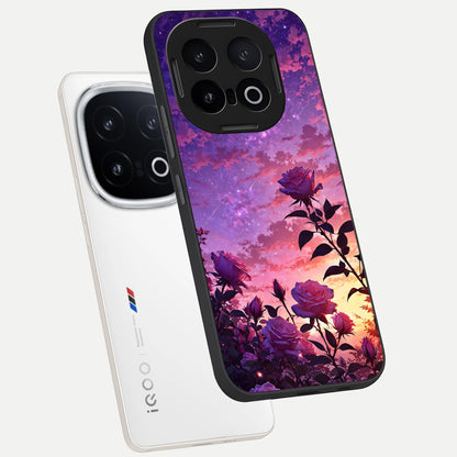  Starlit Rose Twilight phone case for iQOO 13 showing premium glass back cover with detailed artwork