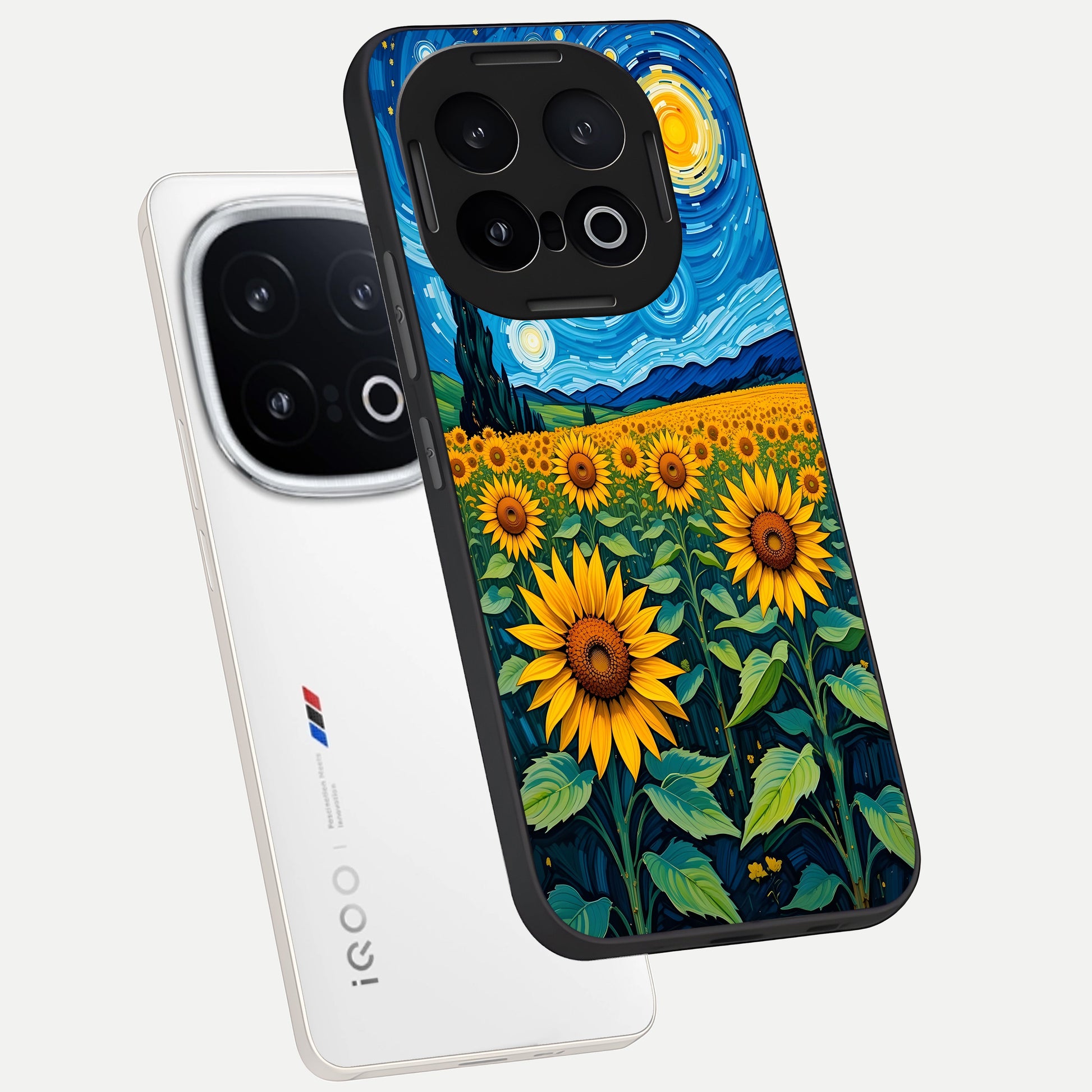  Starry Sunflower Dreams phone case for iQOO 13 showing premium glass back cover with detailed artwork