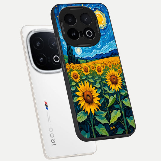  Starry Sunflower Dreams phone case for iQOO 13 showing premium glass back cover with detailed artwork