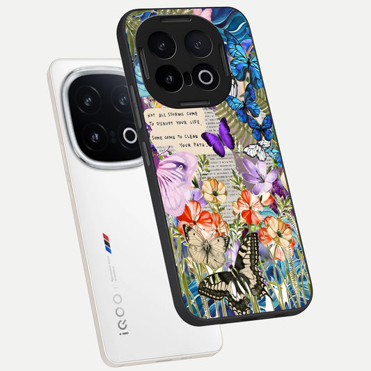 Storm Path Bloom phone case for iQOO 13 showing premium glass back cover with detailed artwork