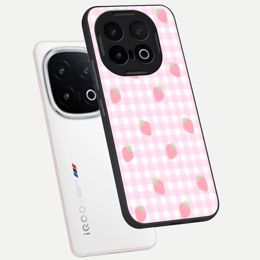  Strawberry Picnic Love phone case for iQOO 13 showing premium glass back cover with detailed artwork