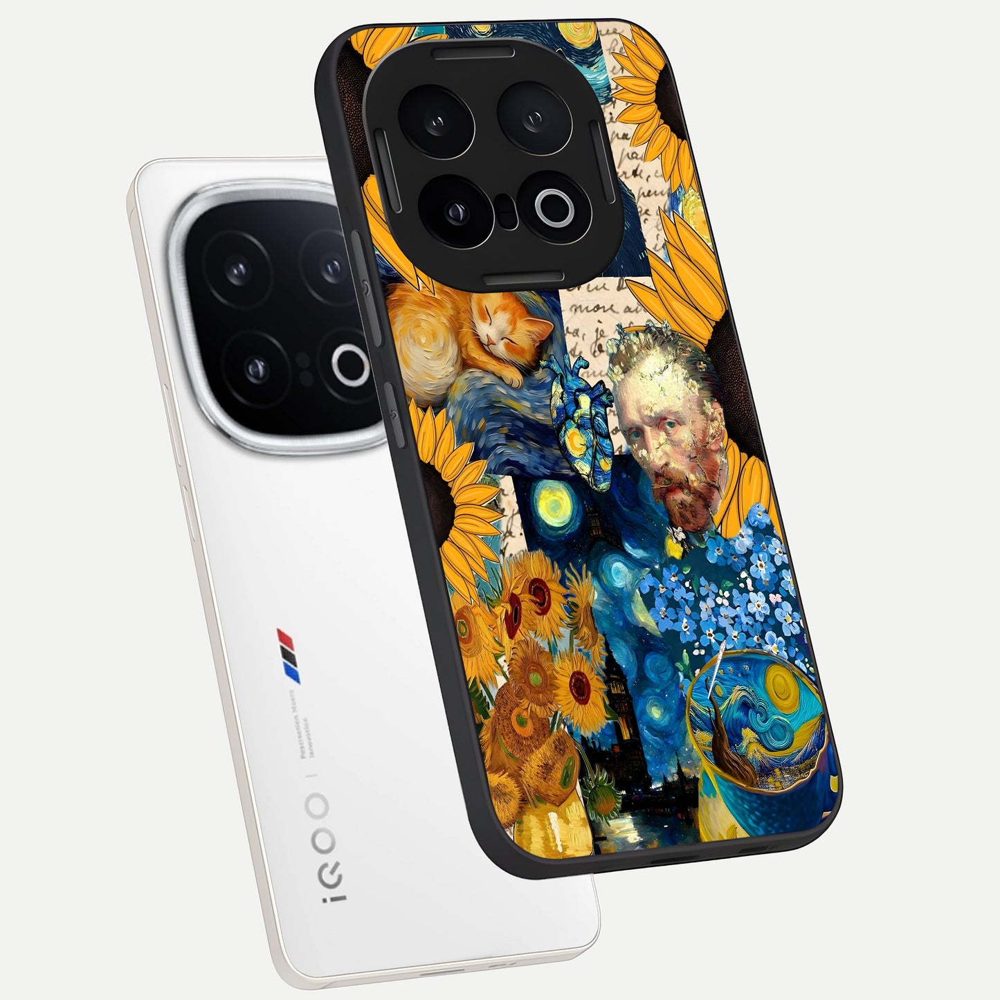  Sunflower Chic Mood Custom Name phone case for iQOO 13 showing premium glass back cover with detailed artwork