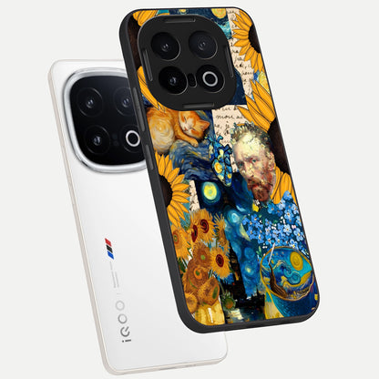  Sunflower Chic Mood Custom Name phone case for iQOO 13 showing premium glass back cover with detailed artwork