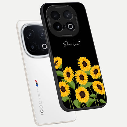  Sunflower Sky Bloom phone case for iQOO 13 showing premium glass back cover with detailed artwork