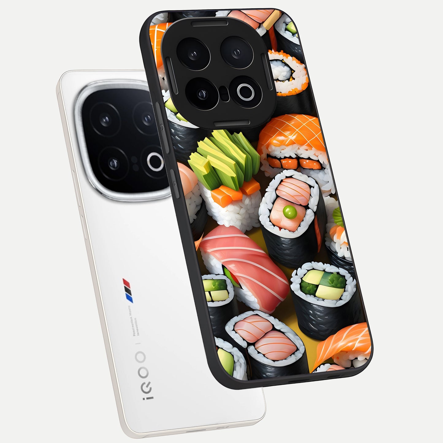  Sushi Food Pattern phone case for iQOO 13 showing premium glass back cover with detailed artwork