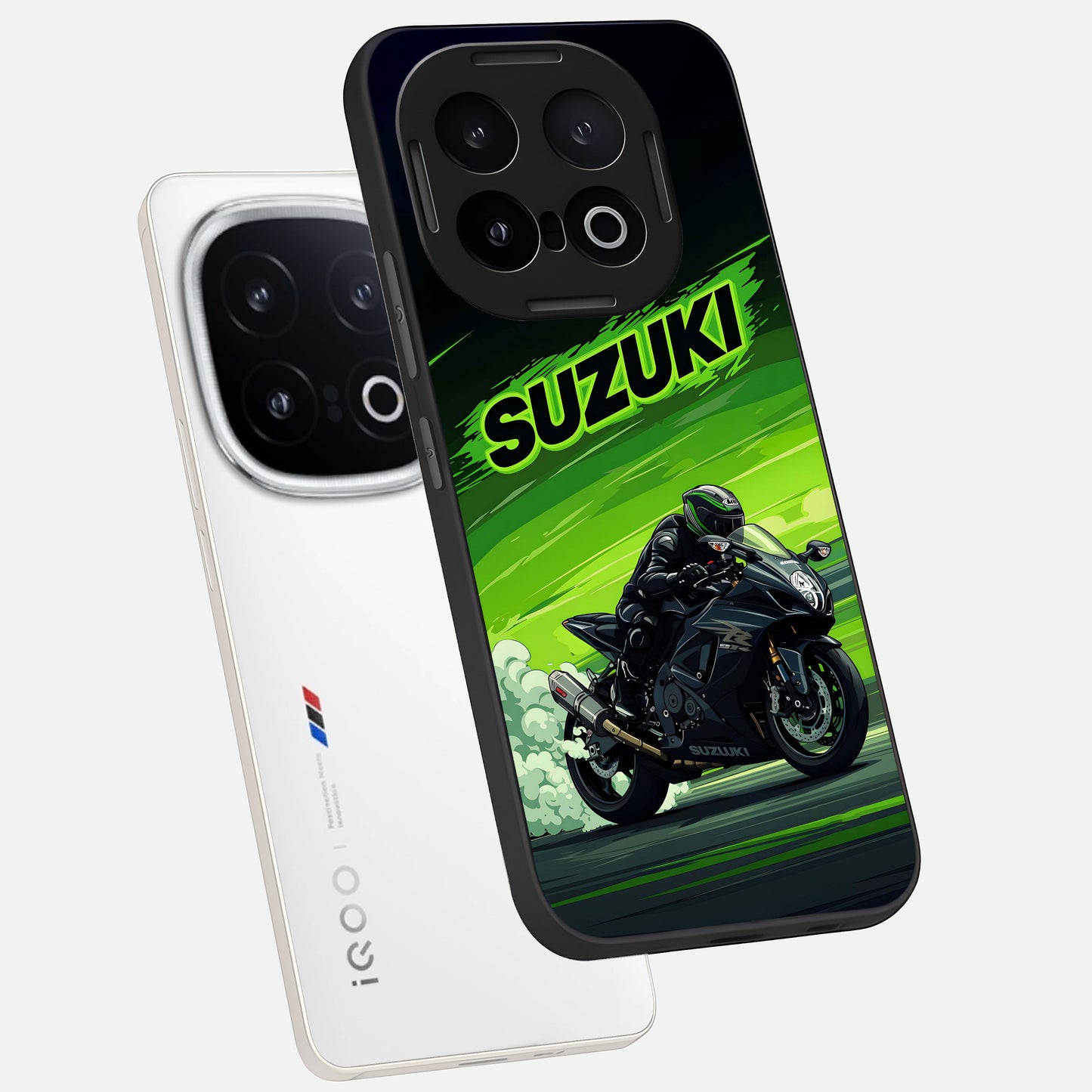  Suzuki Speed Beast phone case for iQOO 13 showing premium glass back cover with detailed artwork