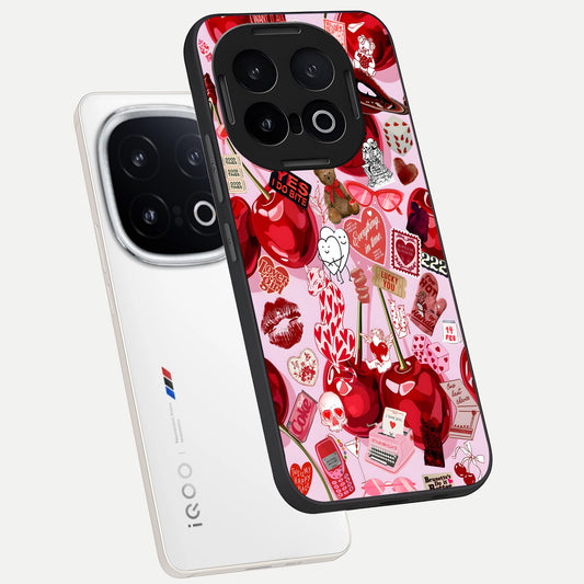  Sweet Cherry Chaos phone case for iQOO 13 showing premium glass back cover with detailed artwork
