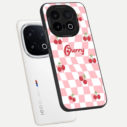  Sweet Cherry Vibes phone case for iQOO 13 showing premium glass back cover with detailed artwork