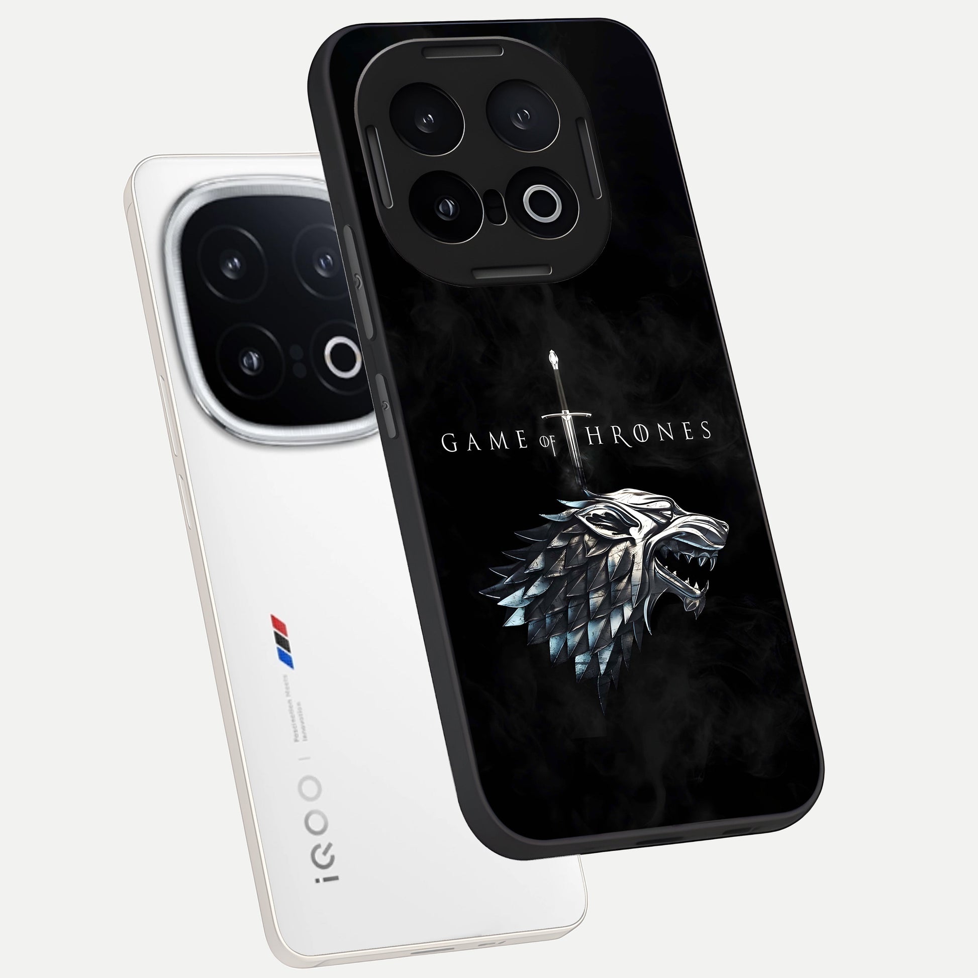  Throne Wolf Legacy phone case for iQOO 13 showing premium glass back cover with detailed artwork